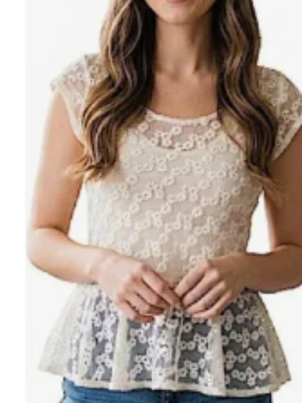American Eagle Cream Sheer Lace Peplum Blouse Exposed Back Zip Sz M Fairycore